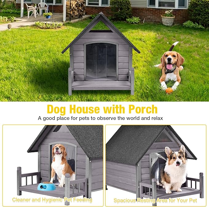 Dog House Outdoor Waterproof Dog Kennel for Small to Medium Size Dogs Doghouse Puppy Shelter with Elevated Floor for Winter (Grey-A, Medium)