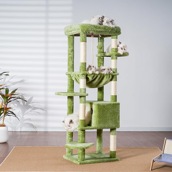 Heybly Cat Tree for Large Cats 20lbs Heavy Duty,60 inches XXL Cat Tower for Indoor Cats, Multi-Level Furniture Condo with Big Padded Plush Perch, Cozy Basket, Green HCT050GR