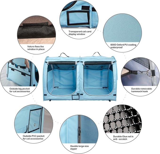 Mispace Portable Twin Compartment Show House Cat Cage/Condo - Easy to Fold & Carry Kennel - Comfy Puppy Home & Dog Travel Crate with Portable Carry Bag/Two Hammocks/Mats and Collapsible Litter Box