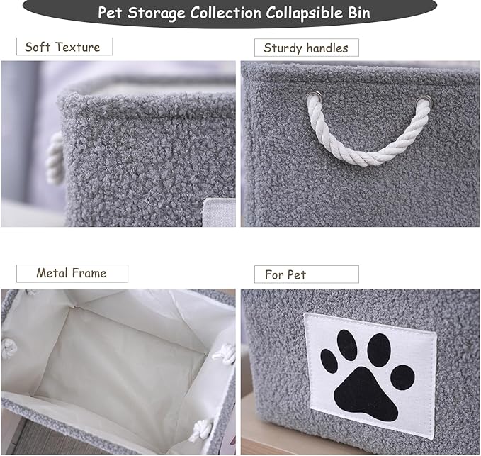 COMFY-HOMI 2Pcs Dog Toy Basket with Metal Collapsible Pet Toy Storage Organizer with Handles-Soft Polyester Fleece Fabric Bin Storage Basket for Shelves, Toys Storage Organization 15"x10.2"x9.5"-Grey