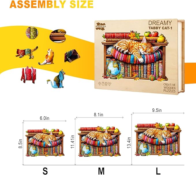 Wooden Puzzles for Adults - Dreamy Tabby Cat Wooden Jigsaw Puzzle, Unique Animal Shaped Wood Puzzles Adult, Christmas Birthday Gifts for Friends/Family, Home Decor 8.5 * 6 in 100pcs