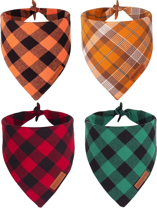 ADOGGYGO 4 Pack Plaid Dog Bandana for Fall Halloween Thanksgiving Christmas, Red Green Orange Plaid Pet Scarf Plaid Holiday Bandanas for Medium Large Dogs (Large)