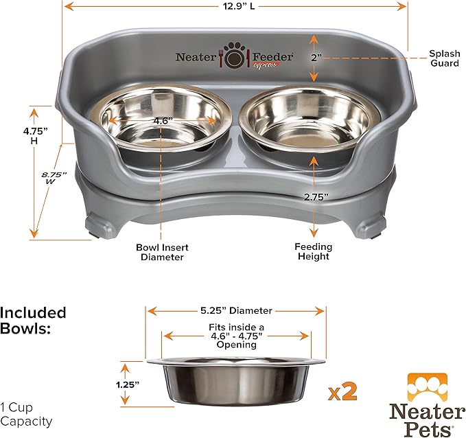 Neater Feeder Express Mess Proof Cat Bowls Elevated, No Spill Feeding Station, Stainless Steel Dishes for Food and Water, Raised Bowls for Indoor Cats, No Fatigue Whisker Friendly Dish, Grey