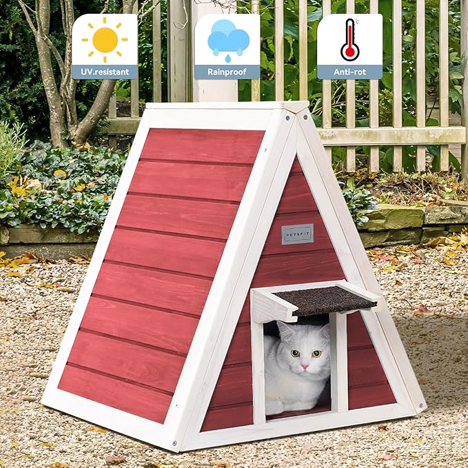 Petsfit Outdoor Cat House Weatherproof, Outside Feral Cat House with Escape Door,Outdoor Indoor Pet House for Small Animal, Small Rabbit Hutch Red