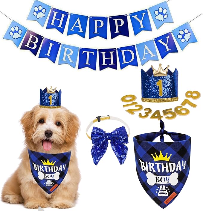 ADOGGYGO Dog Birthday Hat Bandana - Navy Blue Birthday Boy Dog Bandana Pet Party Hat with Numbers Bow and Happy Birthday Banner Set (Small)