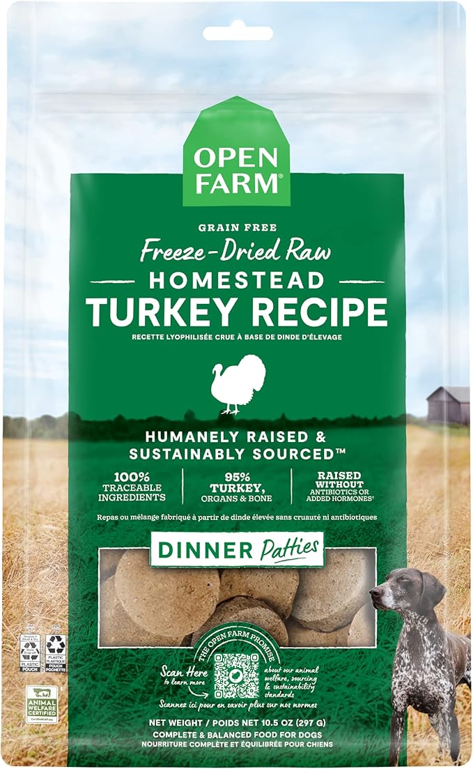 Open Farm, Freeze Dried Raw Dog Food, Patties with 95% Meat, Organs & Bone, Complete Meal or Freeze Dried Dog Food Mixer, Turkey Recipe, 17.5oz Bag