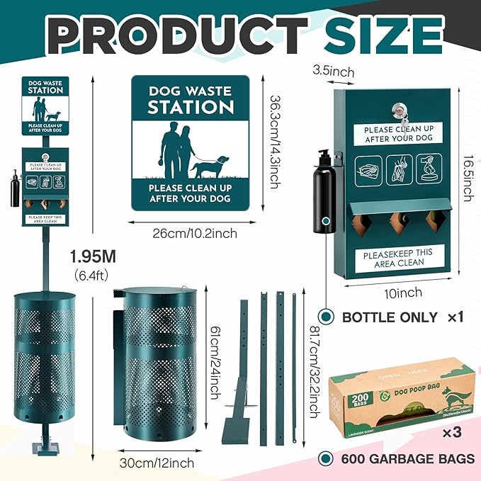 Pet Waste Station, Includes 600 Roll Bags, Dog Waste Station with Foot Pedal, Dog Poop Sign, Bag Dispenser, Hand Sanitizer Bottle and Covered Outdoor Trash Can for Parks, Trails Outdoor