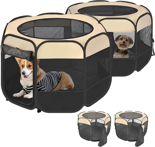 2-in-1 Pop Up Cat Playpen, Detachable into 2 Separate Pens, Assembly-Free Portable Puppy House Collapsible Dog Crates Pet Pen Tent Kennel Kitten Enclosure Cage Indoor Outdoor Foldable(M)
