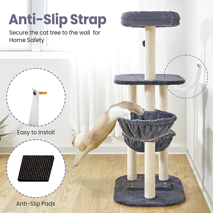 Cat Tree Tower for Indoor Cats Large Adult - 42 Inch Small Cats Condo Bed with Scratching Post Hammock Perch - Medium Multi Level Cat House for 2 Kitty Kitten - Grey Tall Climbing Towers Furniture