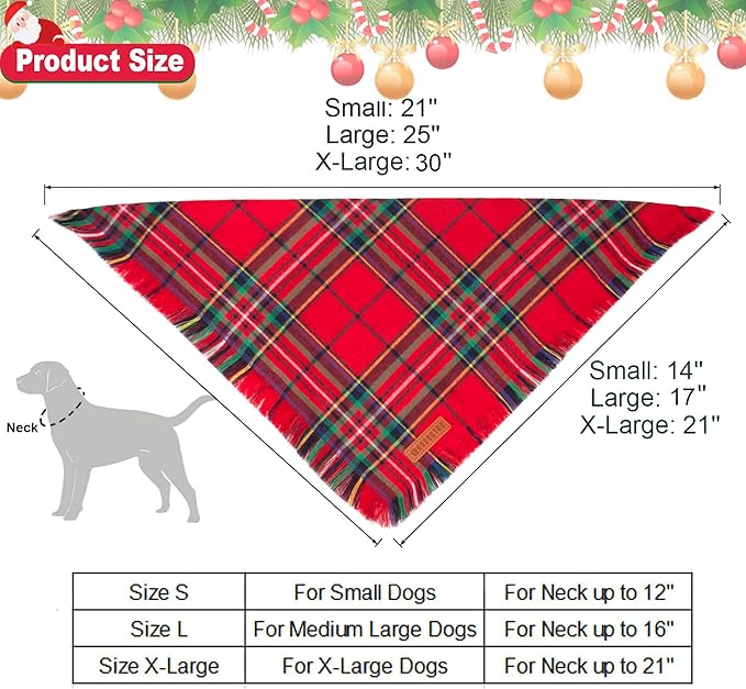 ADOGGYGO 2 Pack Dog Bandana Christmas with Tassels Edges, Stylish Red Green Plaid Pet Scarf Bibs Kerchief, Premium Cotton Fabric, Pet Christmas Bandanas for Medium Large Dogs (Large)