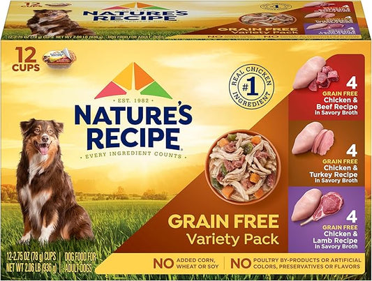 Nature's Recipe Grain Free Wet Dog Food Variety Pack, Chicken Recipes with Beef, Turkey & Lamb in Savory Broth, 2.75 oz. Cups (Pack of 12), 2 Count