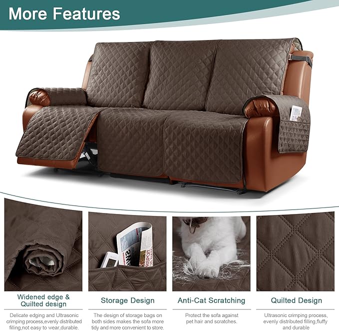 Ruaozz Waterproof Recliner Sofa Cover 1-Piece Couch Covers for Reclining Couches Reclining Sofa Cover Washable Furniture Protector with Elastic Straps Pocket for Kids, Pets (Brown, 3 Seater)