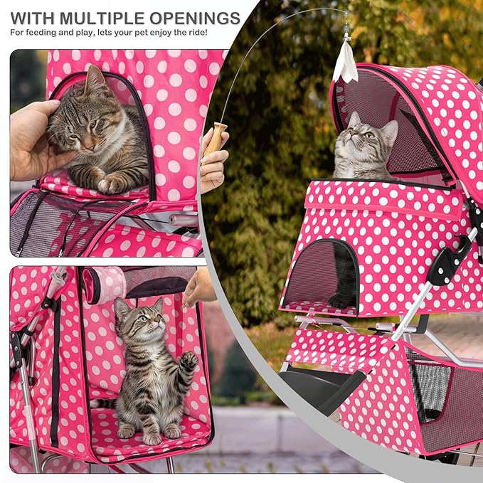 MoNiBloom 3 Wheels Pet Dog Cat Stroller for Small Medium Dogs Cats, Foldable Jogger Stroller w/Storage Basket and Cup Holder, Hot Pink Polka Dots
