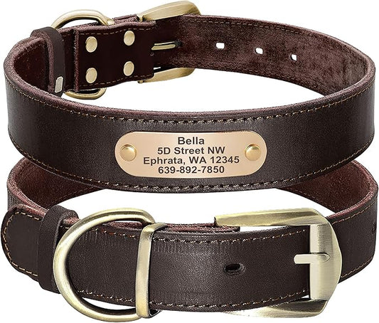 Didog Genuine Leather Dog Collars with Engraved Nameplate, Personalized Soft Leather Dog Collar with Custom ID Tag, Brown/Green/Red for Medium Large Dogs (XXL,Brown)
