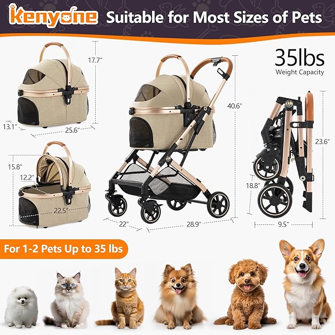 Kenyone 3-in-1 Pet Stroller for Small Medium Dogs Puppy Cat Stroller with Detachable Carrier & Pad Lightweight Foldable Aluminum Alloy Frame Dual No-Zip Entry(Khaki)