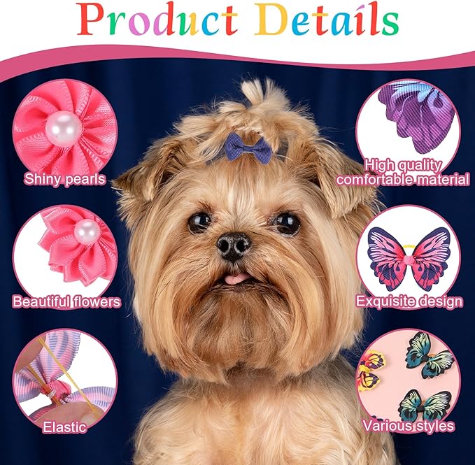 36 Pcs Small Dog Hair Bows with Rubber Bands Handmade Tiny Pet Grooming Accessories Butterfly Small Dog Knotted Bows Multicolor Pearls Flower Elastic Hair Ties Bands for Puppy Cats Pets