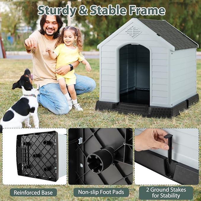 Giantex Dog House for Medium Dogs, Waterproof Plastic Dog Houses with Air Vents and Elevated Floor, Easy to Assemble, Outdoor Cat House Feeding Station Indoor Patio Backyard Dog Kennel House, Gray