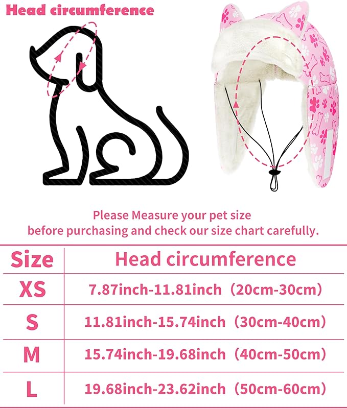 PET SHOW Dog Trapper Hat Winter Hat for Medium Large Dogs Warm Fleece Aviator Hats with Ear Flaps Adjustable Outdoor Girl Pet Pilot Costume Cap L-Pink Paw/Without Ear Holes