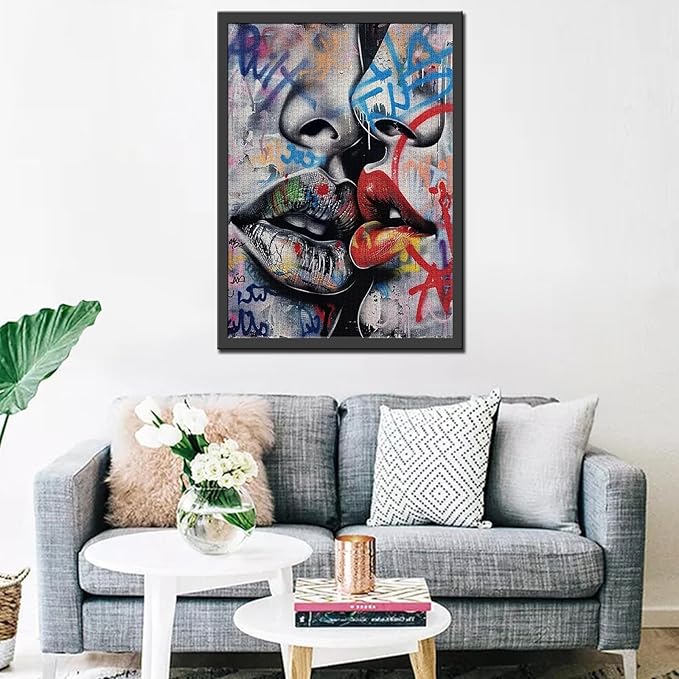 Love Couple Jigsaw Puzzle Street Graffiti Art 1000 Piece Jigsaw Puzzles for Adults Red and Black Lips Touching Home Decoration Family Puzzle Perfect for Game Nights Ideal Gift Choice 20 x 27 Inch