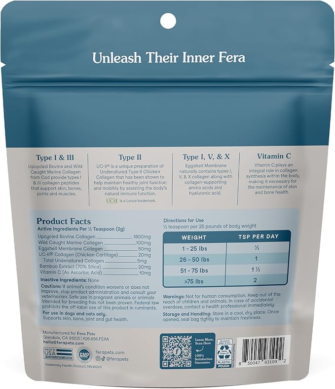 Fera Pets Cat & Dog Collagen Powder - Bone, Gut, Joint and Skin Supplement - 5 Types of Collagen + Clinically Studied UC-II® - 4.23 oz