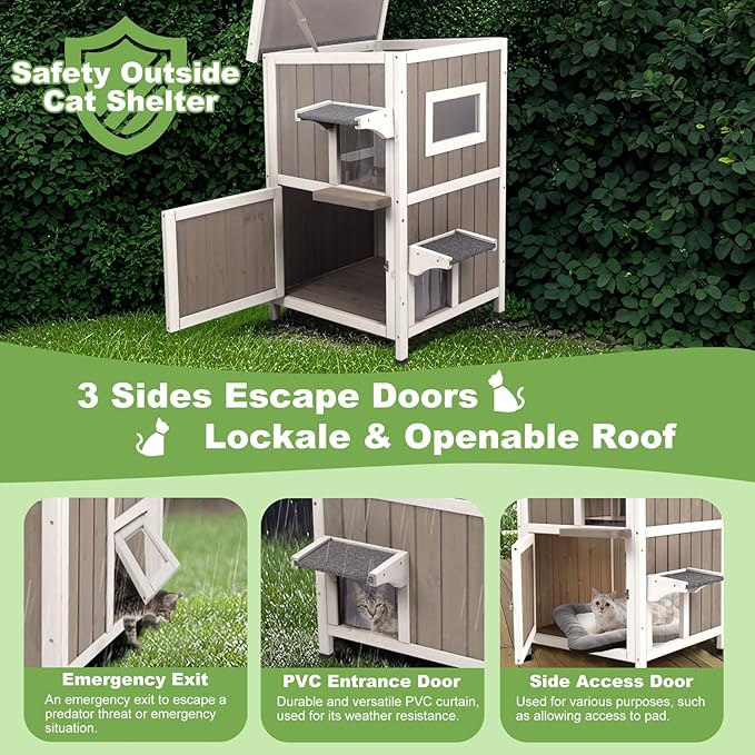 Outdoor Cat House Weatherproof, Two Story Wooden Feral Cat House Shelter with 2 Escape Door, Outside Cat Condo for Small Animals with Openable Asphalt Roof, Grey