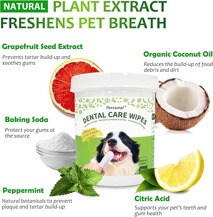 Dental Care Wipes for Dogs and Cats, 50 Count, Teeth and Gum Cleaning, Plaque and Tartar Removal, Larger and Wider Version