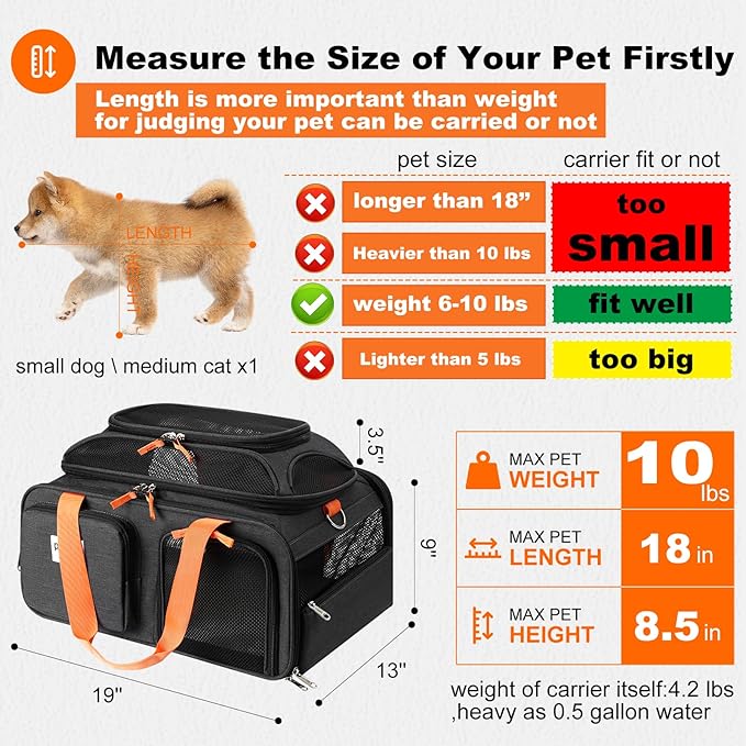 19x13x9 TSA Approved top Expandable pet Carrier for Small Dog Puppy cat up to 10 lbs Weight and 18'' Length, for Southwest Spirit Canada Airlines