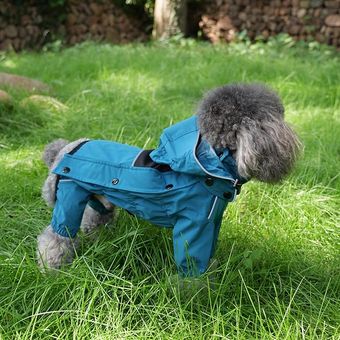 LOVELONGLONG Waterproof Dog Raincoat with Removable Hood – Outdoor Full Body Dog Jacket, Windproof Snowproof Shell Suit – All Season Pet Rain Gear Ocean Teal S+