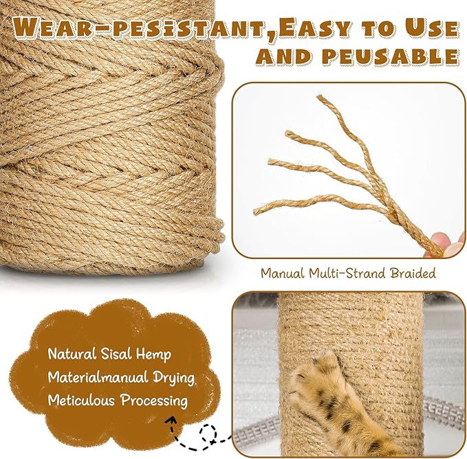 262 ft/80 m Sisal Rope for Cat Scratcher, 1/4 inch/ 6 mm Thick Twine for Cat Scratching Post Cat Tree Replacements DIY Craft Projects, Jute Hemp Rope with 4 Random Colors Cat Toys