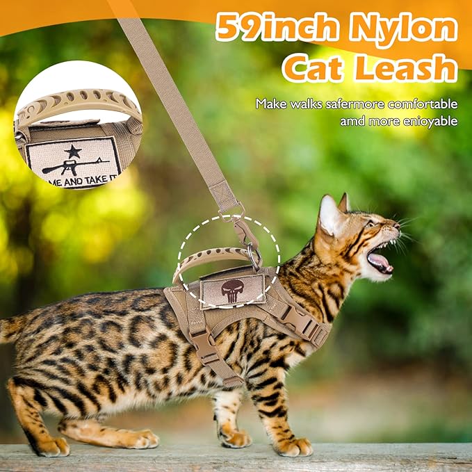 Tactical Cat Harness and Leash Set for Walking Escape Proof, Adjustable Large Cat Vest Harness with Molle Patches, Soft Mesh Padding, Rubber Handle Easy to Control Khaki