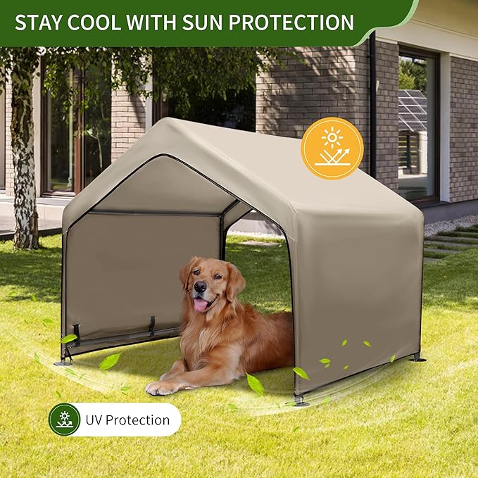 Summertrail Extra Large Dog House Outside, Dog Tent Outdoor, Big Dog Shade Shelter Doghouse Canopy, Water Resistant Dog shelter with Ground Nail, Khaki Sun Rain Cover for Pet Cat 4'x 4'x 3.3