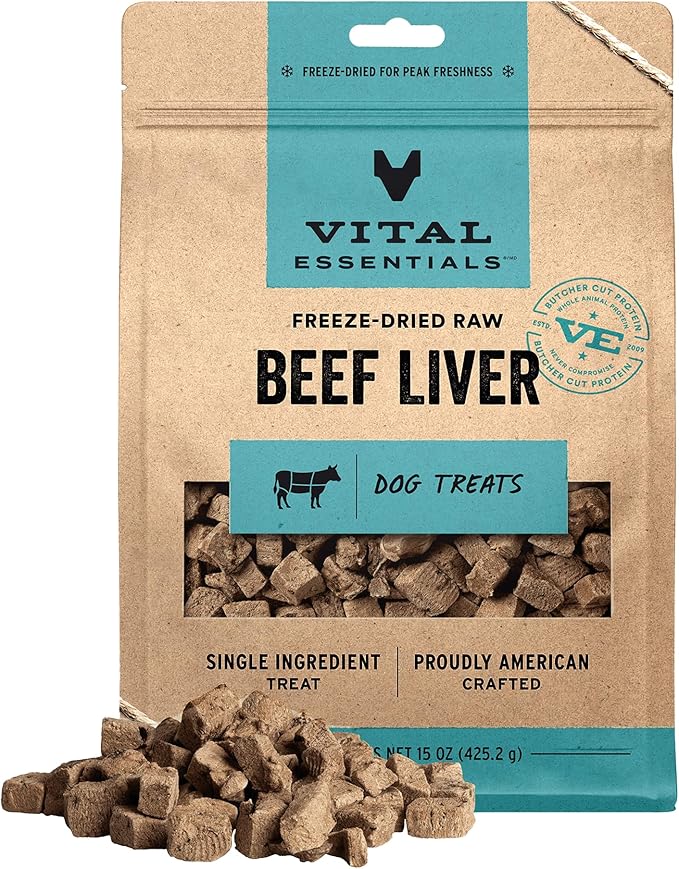 Vital Essentials Single Ingredient Beef Liver Dog Treats, 15 oz | Freeze-Dried Raw | Premium Quality High Protein Training Treats | Grain Free, Gluten Free, Filler Free