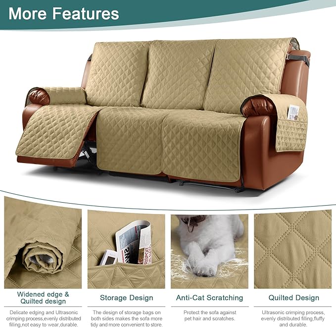 Ruaozz Waterproof Recliner Sofa Cover 1-Piece Couch Covers for Reclining Couches Reclining Sofa Cover Washable Furniture Protector with Elastic Straps Pocket for Kids, Pets (Sand, 3 Seater)