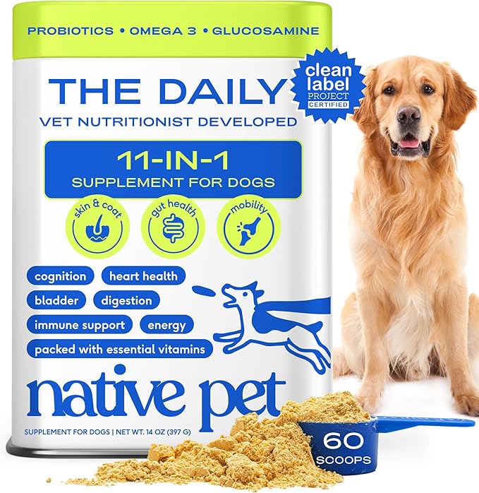 Native Pet Dog Vitamins & Supplements - 11-in-1 Vitamin Powder for Dog Food Topper - Collagen, Glucosamine, Probiotics, Omega & More- Supports Healthy Gut, Mobility & Overall Health - 60 Scoops