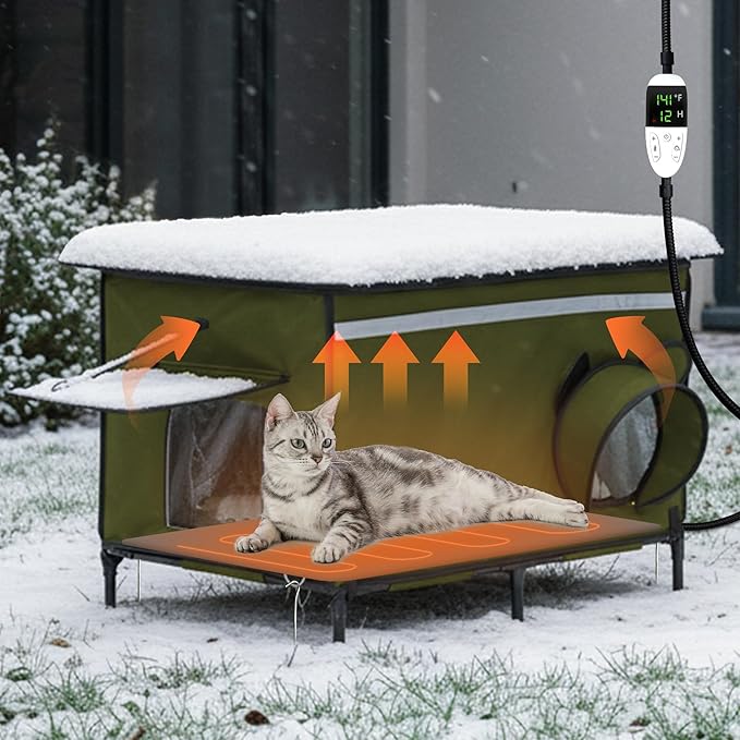 Heated Outdoor cat House for Outside, Weatherproof Insulated Feral Cat Shelter with Timer-Temp Control Heating Pad in Winter, Large Elevated Outdoor Cat House with Zipper, 2 Doors, Safety- Army Green