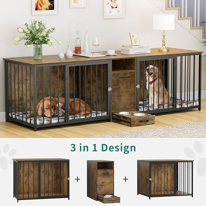 YITAHOME 94.5" Large Dog Crate Furniture with Feeder Bowls, Heavy Duty Dog Kennel with Room Divider and Drawer, Wooden Dog House TV Stand Table Indoor for 2 Large/Medium Dogs, Brown