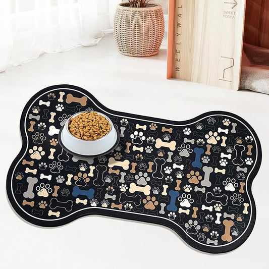 Dog & Cat Food Mat Bone Shaped Pet Feeding Mat Quick Absorb Water Bowl Placemat with Rubber Backing Indoor Floor Stain Resistant Pet Accessory Supplies (Black, 17x29 Inches)