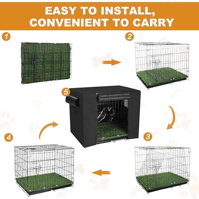 Dog Crates Kit with Artificial Grass and Dog Crates Cover, 27 Inch Double Door Collapsible Metal House for Dogs and Cats, Dog Cage with Leak-Proof Pan Tray, Travel, Indoor and Outdoor Dog Kennel