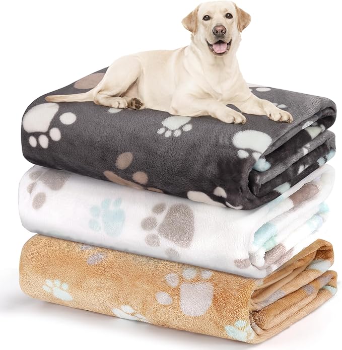 Dog Blanket for Large Dogs 3 Pack Dog Cat Flannel Blankets Washable Soft Pet Throw Cover for Kennel Crate Bed Cute Paw Pattern Pet Blanket Grey/White/Brown 41" x 31"