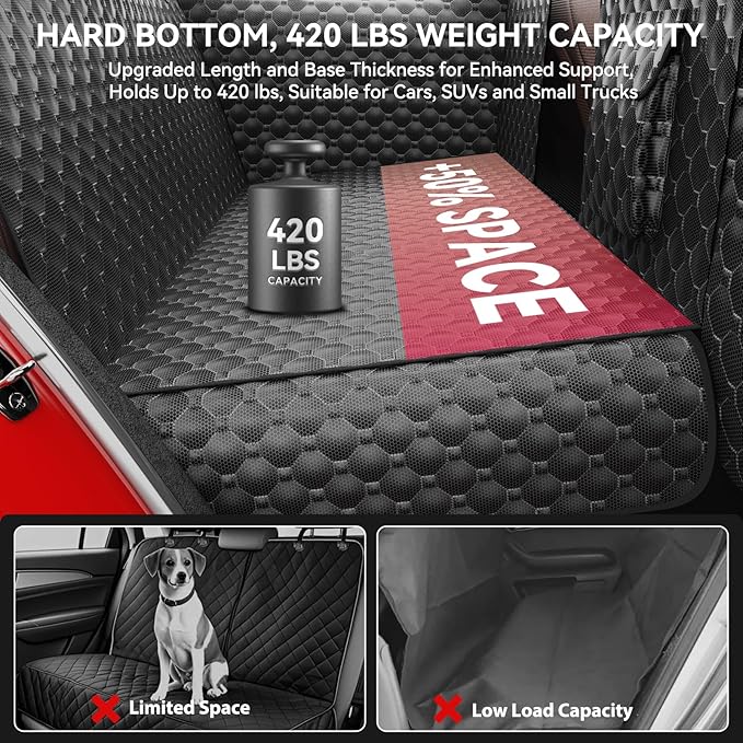 Dog Car Seat Cover for Back Seat, Waterproof Back Seat Extender for Dogs w/Door & Headrest Protector, Hard Bottom Pet Bed Hammock Holds 420lbs, for Cars SUVs Small Trucks(Not for 3-row seats)