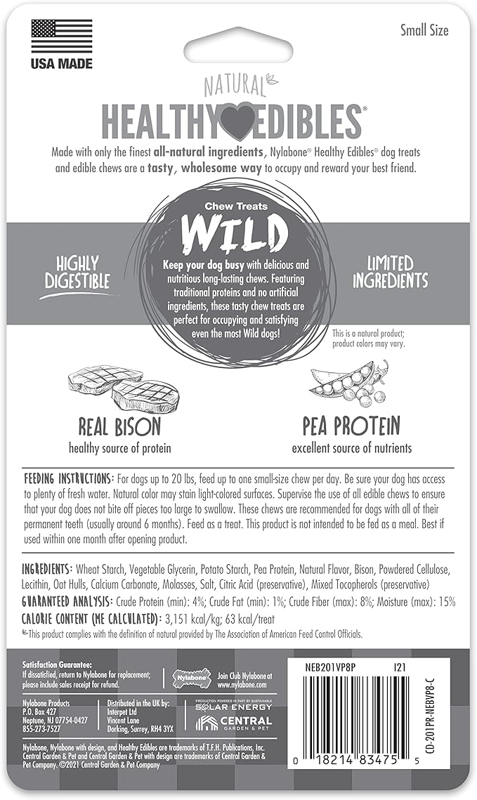 Nylabone Healthy Edibles WILD Natural Dog Chew Treats, Bison Flavor, Small Dogs Up to 20 lbs - Long Lasting Healthy Chew Bones Made in USA (8 Count)