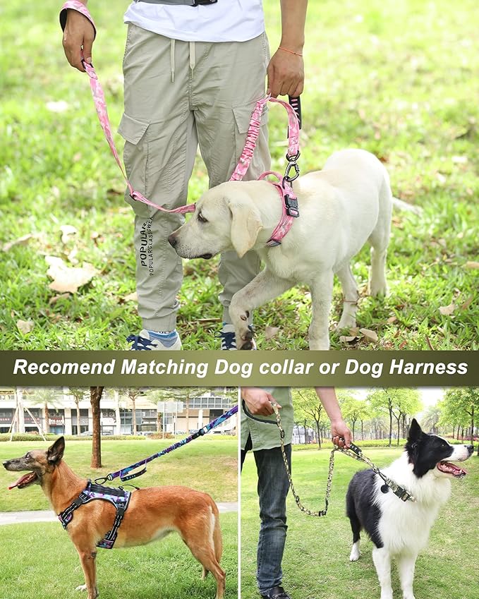 Hotsky Tactical Dog Leash Heavy Duty,4-6Ft Strong Bungee Shock Absorbing Lead with Padded Double Handle,Car Seatbelt,Metal Carabiner Clip,No Pull Leash for Small Dogs,Army Camo