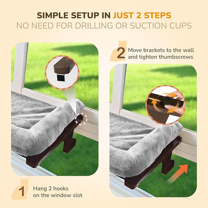45LBS Capacity Cat Window Perch with Bolster, Hammock Seat with Plywood & Metal Frame, Cat Window Bed for Indoor Cats & Kitten, Extra Cood Pad (Walnut Wood & Gray Cushion, 24.8''W x 9.4''H)