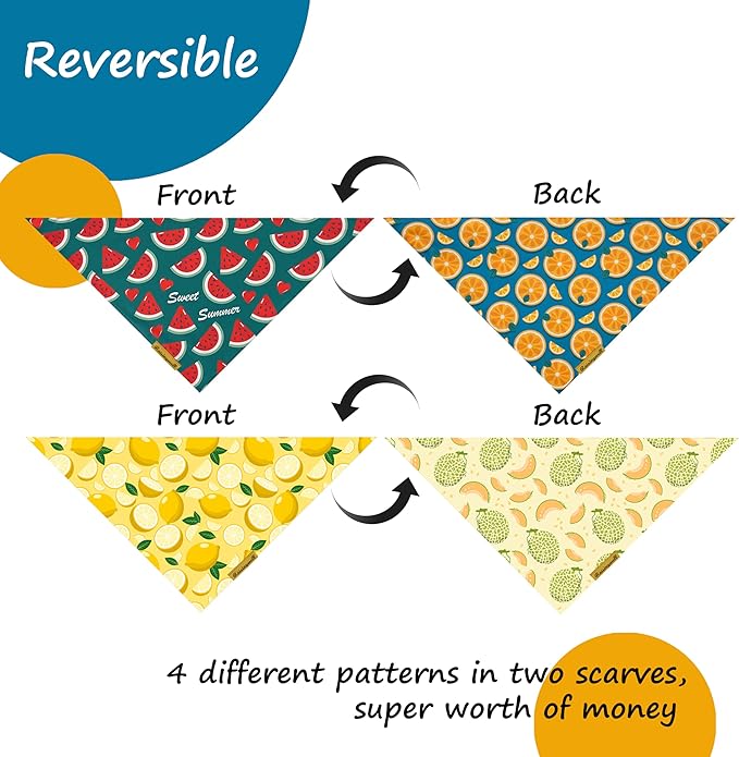 Cute Fruit Dog Bandanas 2 Pack, 4 Patterns Watermelon Lemon Orange Melon, Summer Dog Bibs for Large and XL Breed, Reversible Boy and Girl Pet Scarf（Large）