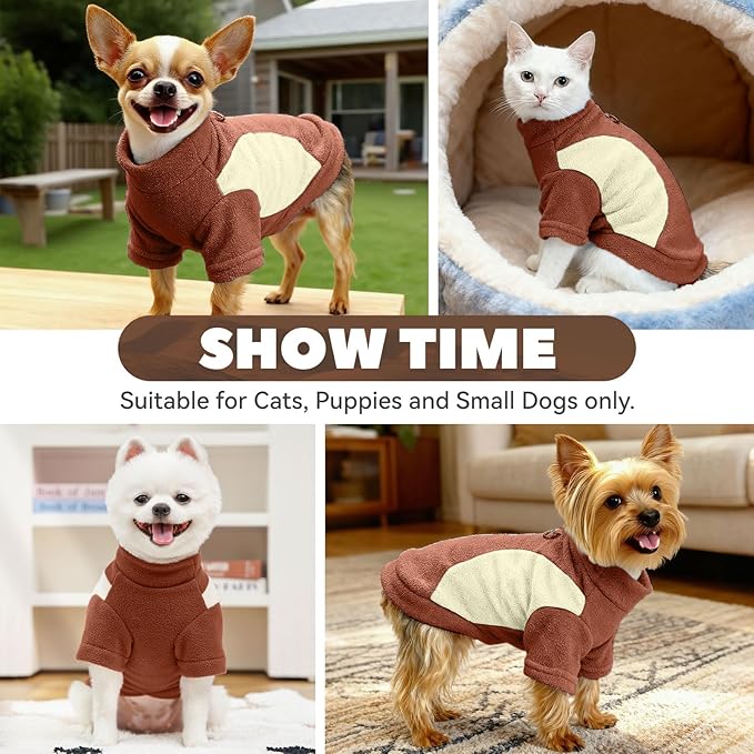 Small Dog Sweater with Leash Ring Soft Warm Fleece Fall Winter Dog Clothes Cute Cat Apparel Puppy Sweaters Classic Pullover Doggy Sweatshirts Chihuahua Costumes Cat Outfits(Brown,L)