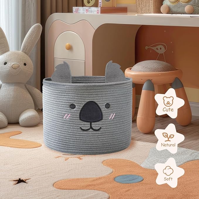 OMERAI Animal Koala Basket, Cute Cotton Rope Woven Large Blanket Basket, Toy Storage for Nursery decor and Laundry Organizer with Handles, baby hamper shower gift, 15" D x 12.6" H, Grey