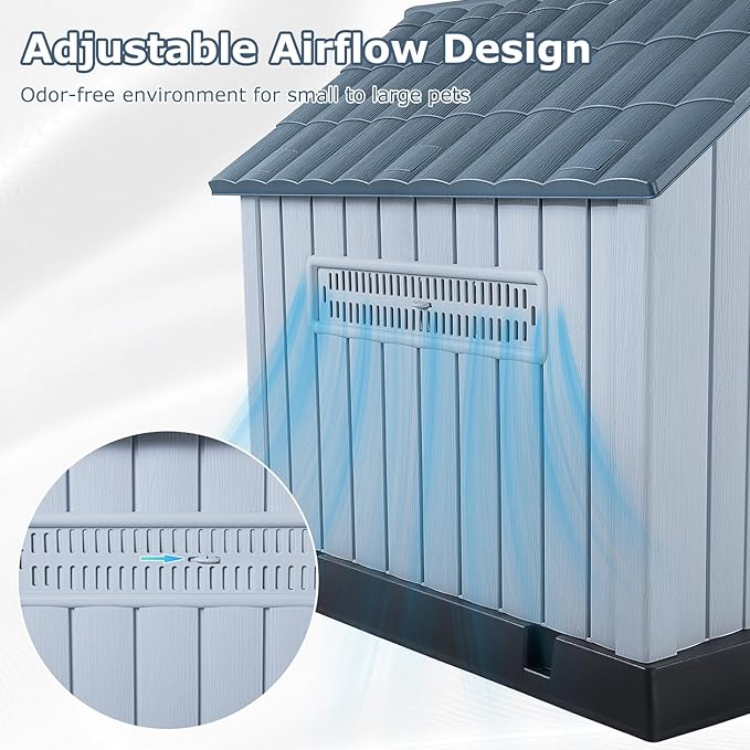 LEMBERI Large Plastic Dog House for Medium Large Dogs, Durable Waterproof Indoor Outdoor Doghouse with Air Vents and Elevated Floor, Easy to Assemble (Gray, 40" L x 37.2" W x 40" H)