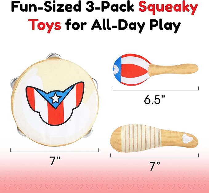 Squeaky Pet Toys | Puerto Rican Instrument-Inspired Perrandeo Kit – 3-Pack Pet Toys for Dogs and Cats | Durable & Engaging for All-Day Play | 9”H x 7”W