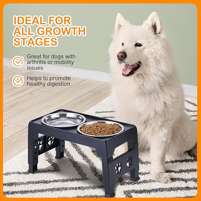 Elevated Dog Bowls, Raised Bowl with 2 Stainless Steel Food Bowls, Dog Bowls Stand Adjusts to 5 Heights 2.95", 8.46", 9.65", 10.82", 12.01" for Small Medium Large Cats Pets,Black