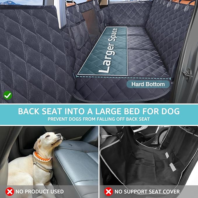 Back Seat Extender for Dogs + 2 Dog Seat Belts, Waterproof Heavy Duty Hard Bottom Car Seat Cover for Dogs with Door Protector Cover & Mesh Window | Dog Hammock for Car Pet Seat Protector for Car/SUV